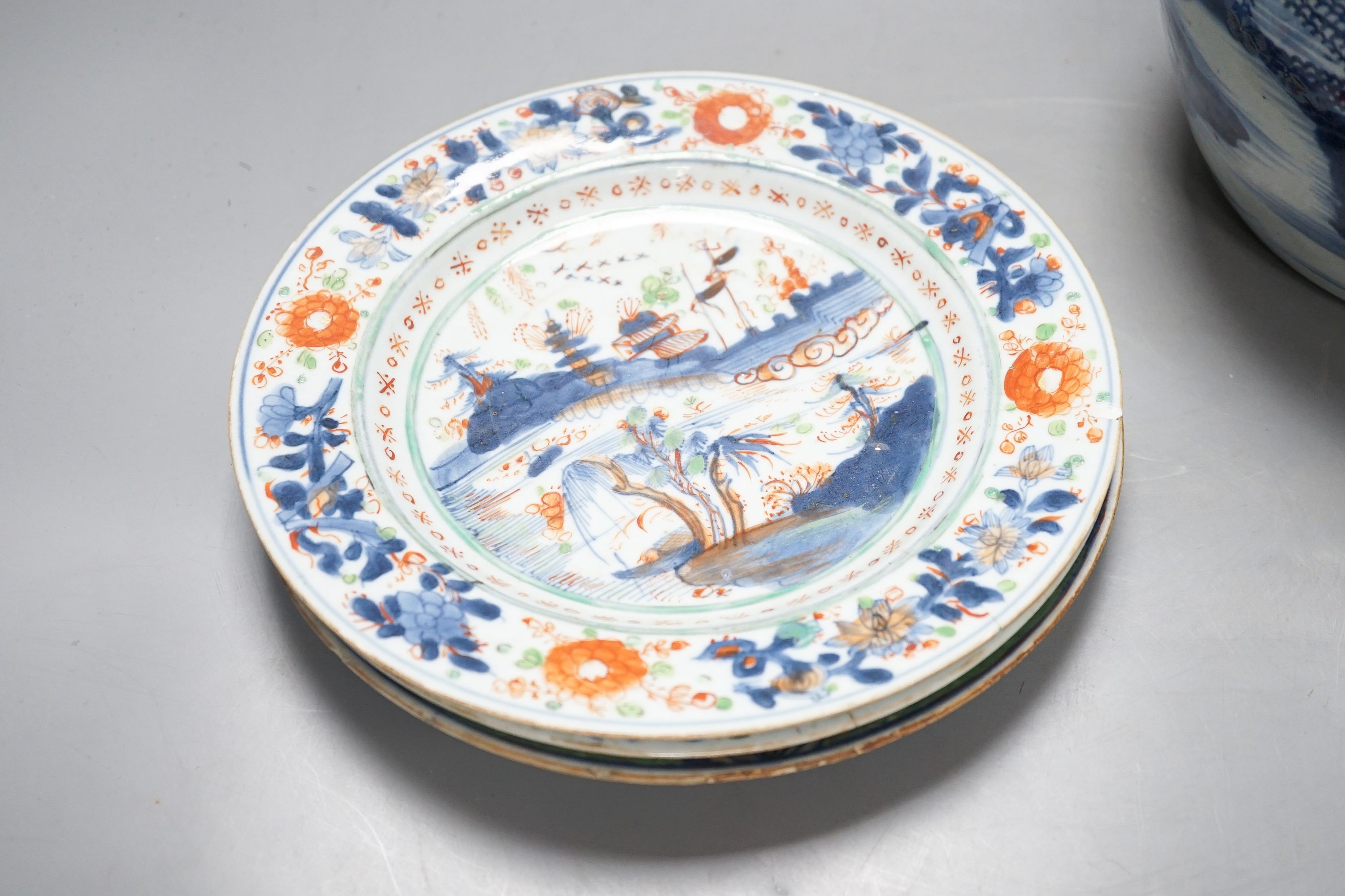 An 18th century Chinese blue and white jar, three 18th century clobbered Chinese plates and a pair of Satsuma vases